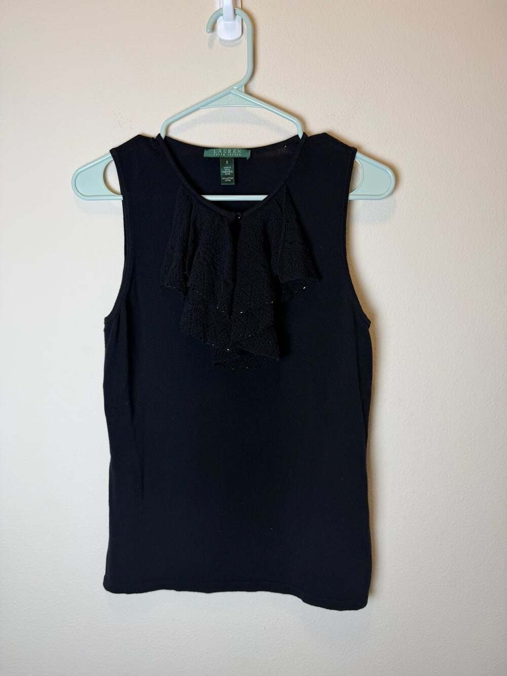 Lauren Ralph Lauren Ruffled Tank Top Size S Black Sleeveless Beaded Knit